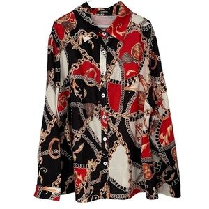 Chicme Equestrian Blouse Collared Button Up Top Chain Black Red & Gold Size 4X